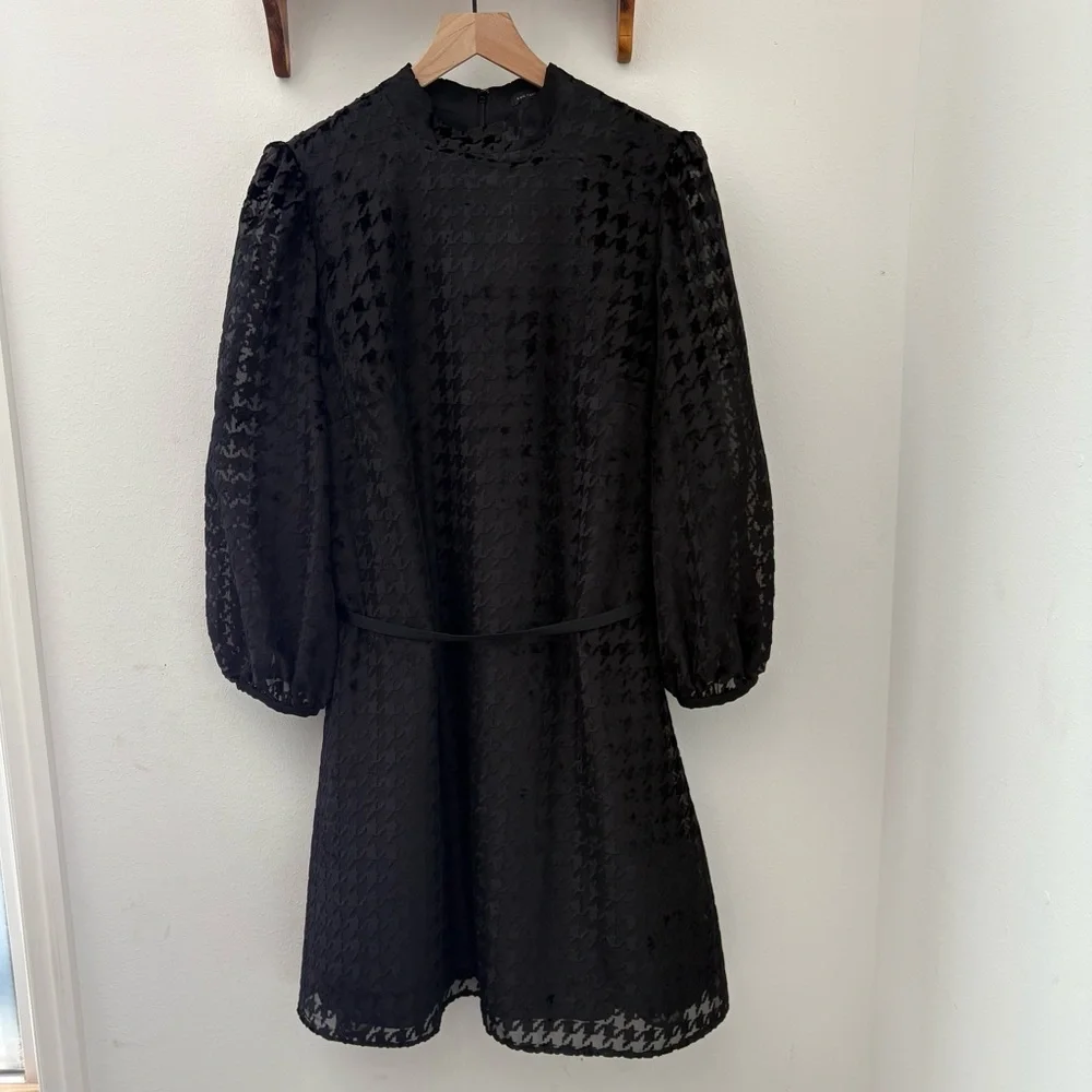 Ann Taylor NWT Black Houndstooth Sheer Sleeve A-Line Belted Dress Size 16 - Picture 2 of 11